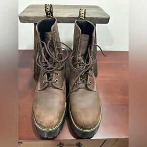 Dr. Martens Shriver Hi Brown Leather Lace-Up Combat Boots with Yellow Stitching